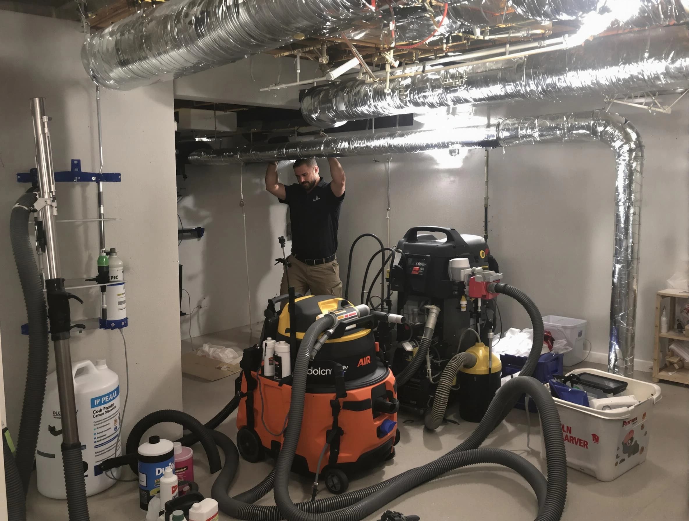 Lincoln Air Duct Cleaning specialist performing professional mold removal from air ducts using safety equipment in Lincoln
